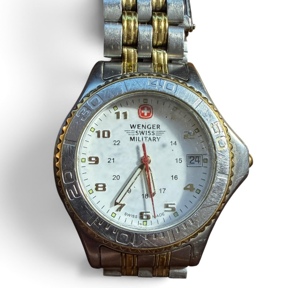 Vintage Wenger Swiss Military Quartz Watch Men Stainless Steel Two-Tone